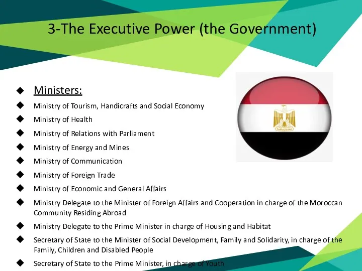 3-The Executive Power (the Government) Ministers: Ministry of Tourism, Handicrafts and Social Economy
