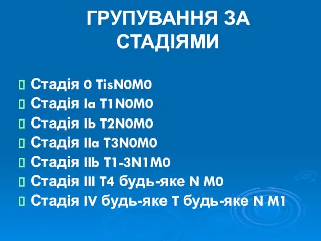 ГРУПУВАННЯ ЗА СТАДІЯМИ Стадія 0 TisN0M0 Стадія Ia T1N0M0 Стадія