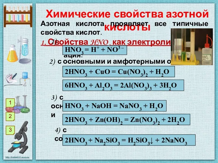 Химические свойства азотной кислоты Азотная кислота проявляет все типичные свойства