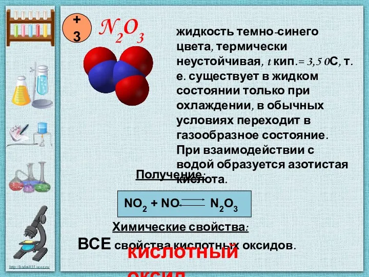 N2O3 +3 Химические свойства: NO2 + NO N2O3 Получение: ВСЕ