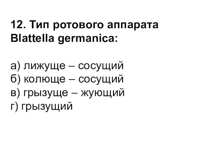 12. Тип ротового аппарата Blattella germanica: а) лижуще – сосущий б) колюще –