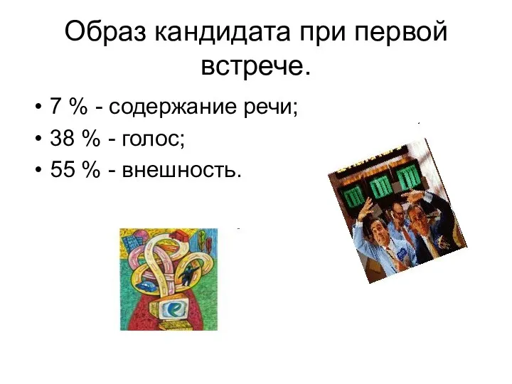 Образ кандидата при первой встрече. 7 % - содержание речи;