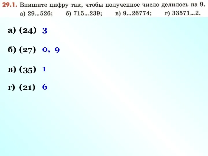 а) (24) 3 б) (27) 0, 9 в) (35) 1 г) (21) 6