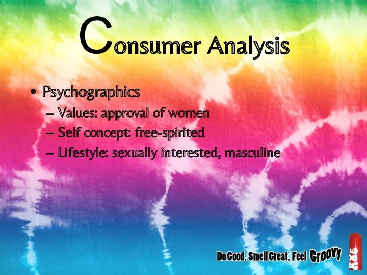 Consumer Analysis Psychographics Values: approval of women Self concept: free-spirited Lifestyle: sexually interested, masculine