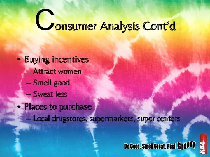 Consumer Analysis Cont’d Buying incentives Attract women Smell good Sweat