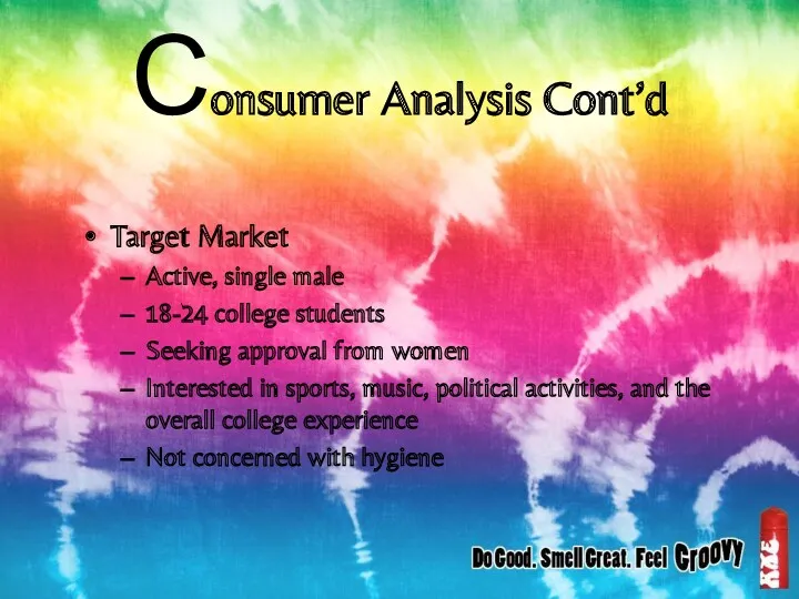 Consumer Analysis Cont’d Target Market Active, single male 18-24 college