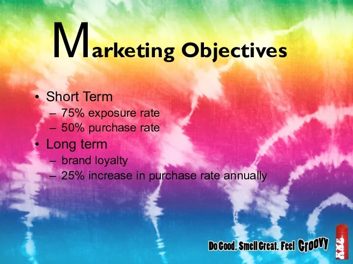 Marketing Objectives Short Term 75% exposure rate 50% purchase rate