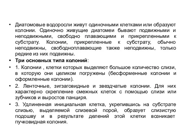 Диатомовые водоросли живут одиночными клетками или образуют колонии. Одиночно живущие