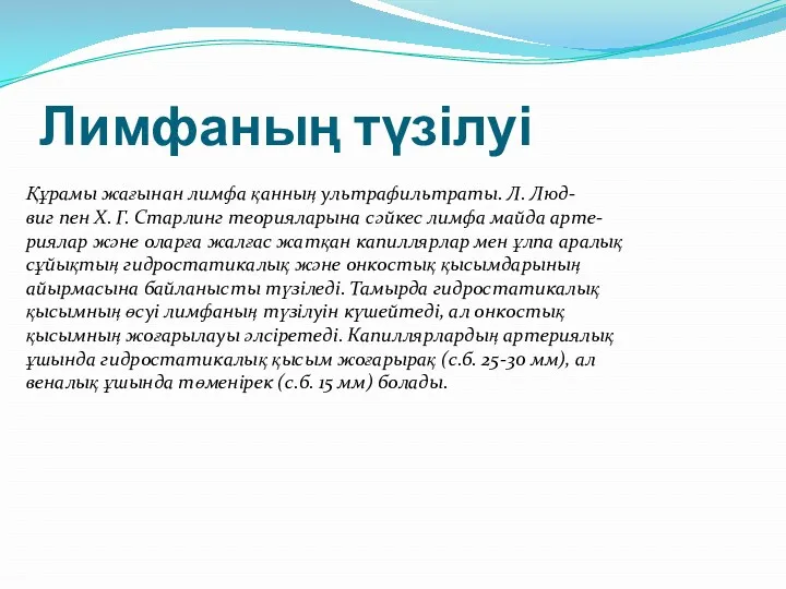 Лимфаның түзілуі Құрамы жағынан лимфа қанның ультрафильтраты. Л. Люд- виг