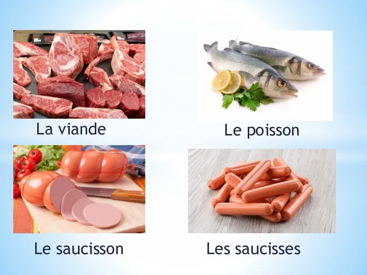 La viande Le poisson Le saucisson Les saucisses