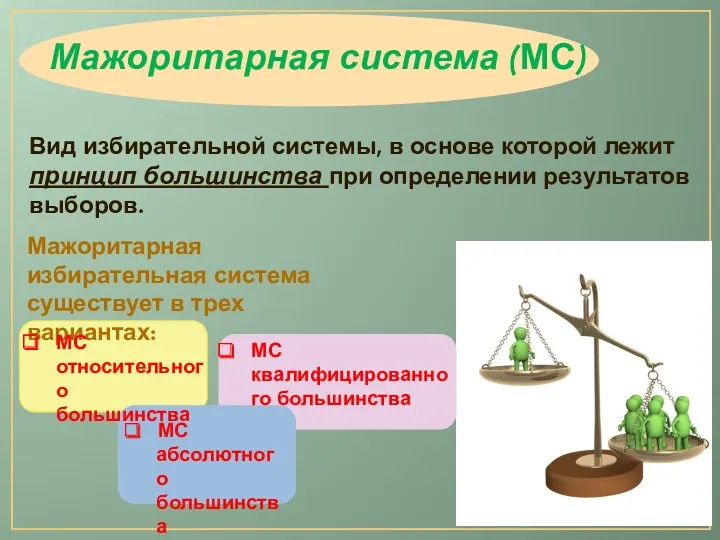 Мажоритарная система (МС) Вид избирательной системы, в основе которой лежит