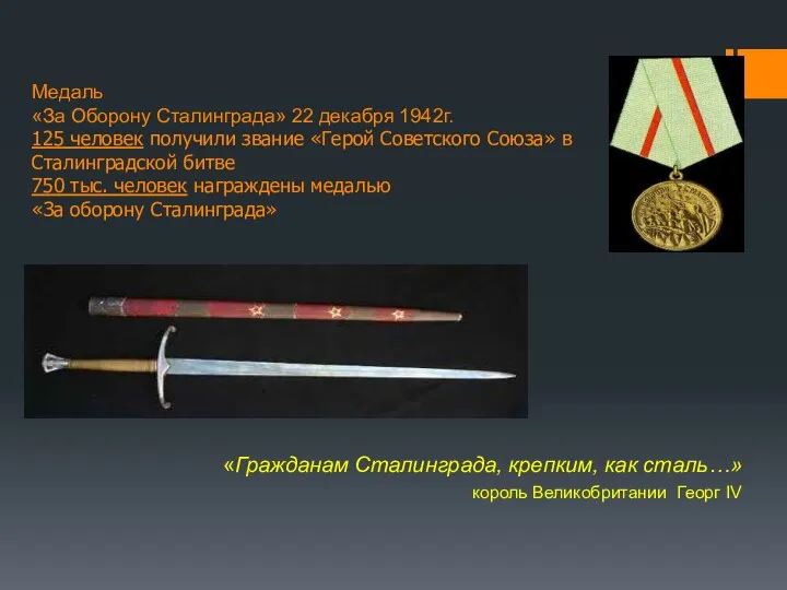 Медаль «За Оборону Сталинграда» 22 декабря 1942г. 125 человек получили звание «Герой Советского
