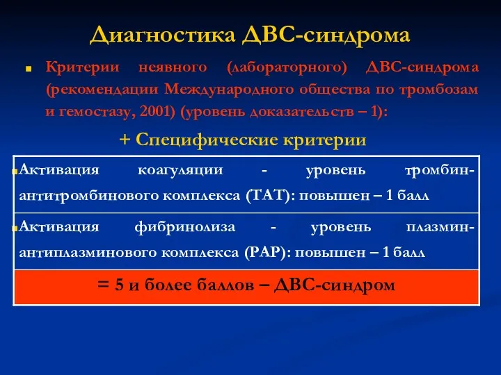 Диагностика ДВС-синдрома Критерии неявного (лабораторного) ДВС-синдрома (рекомендации Международного общества по тромбозам и гемостазу,