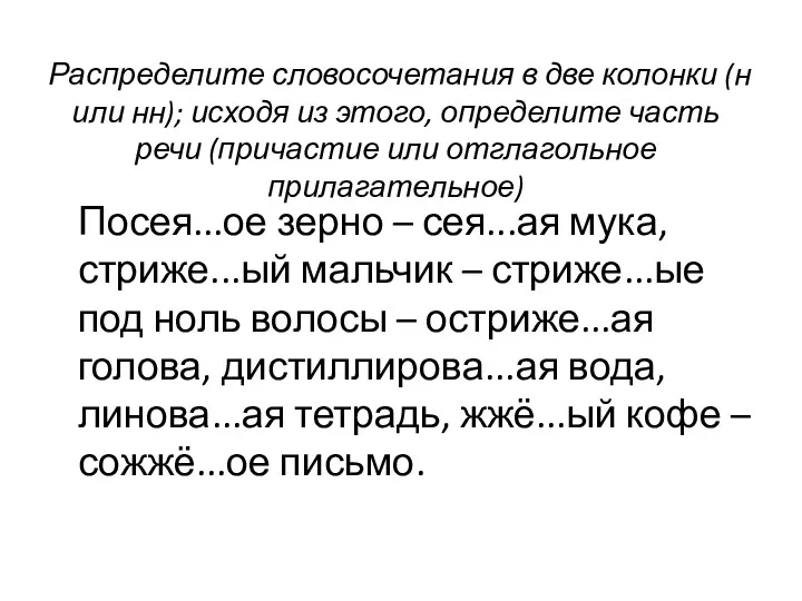 Распределите словосочетания в две колонки (н или нн); исходя из