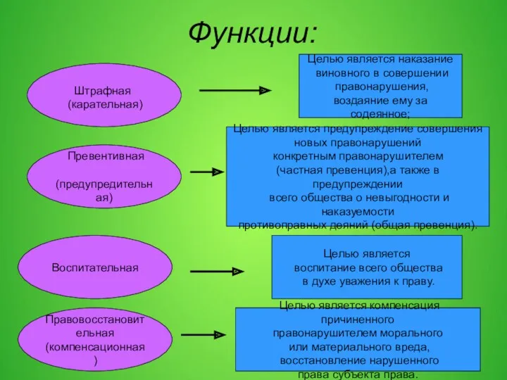 Функции: Целью является наказание виновного в совершении правонарушения, воздаяние ему