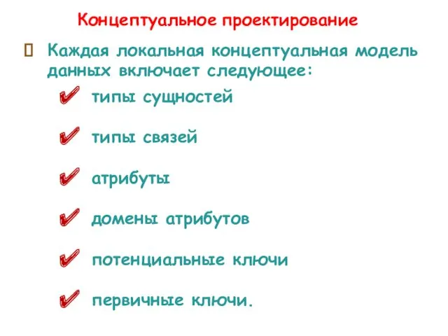 Каждая локальная концептуальная модель данных включает следующее: типы сущностей типы