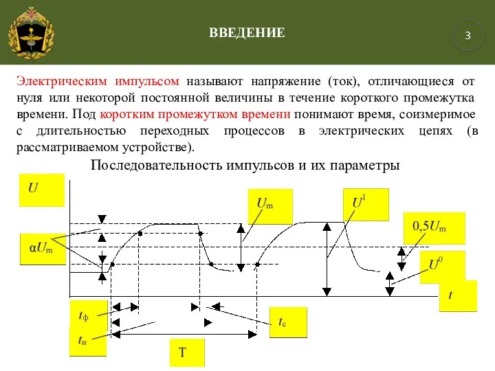 Последовательность импульсов и их параметры ВВЕДЕНИЕ 3 Электрическим импульсом называют напряжение (ток), отличающиеся