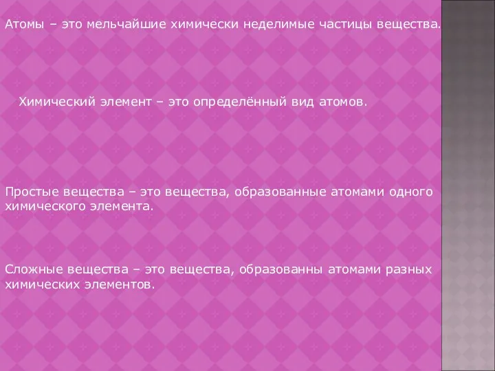 Атомы – это мельчайшие химически неделимые частицы вещества. Химический элемент