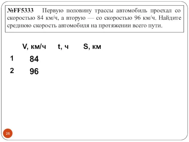 №FF5333 Первую половину трассы автомобиль проехал со скоростью 84 км/ч,