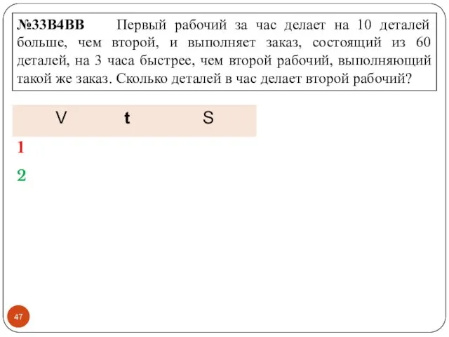 №33B4BB Первый рабочий за час делает на 10 деталей больше,