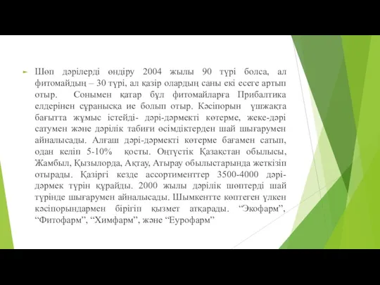 Шөп дәрілерді өндіру 2004 жылы 90 түрі болса, ал фитомайдың