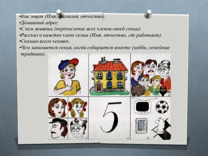 * Как зовут (Имя, фамилия, отчество). Домашний адрес. С кем живешь (перечисление всех