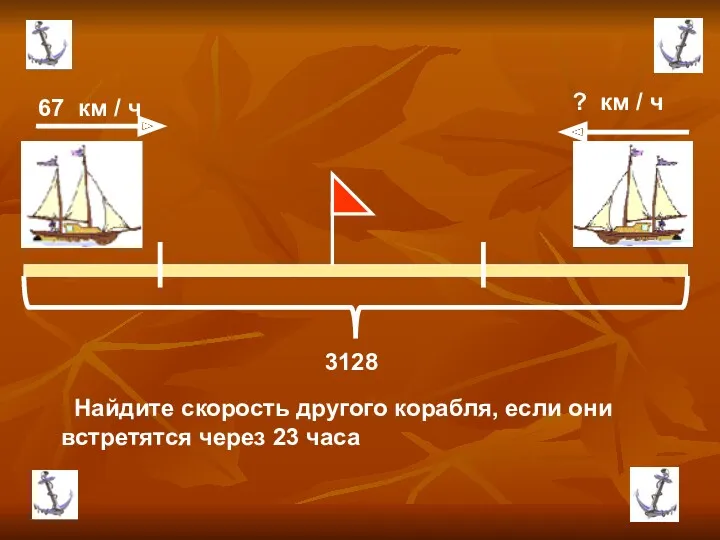 Найдите скорость другого корабля, если они встретятся через 23 часа