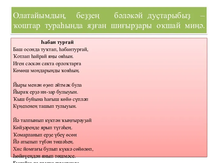 Олатайымдың, беҙҙең бәләкәй дуҫтарыбыҙ – ҡоштар тураһында яҙған шиғырҙары оҡшай