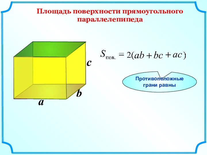 b a c Противоположные грани равны Площадь поверхности прямоугольного параллелепипеда