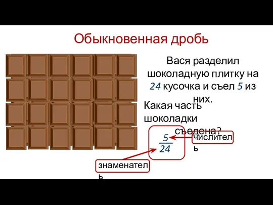 Обыкновенная дробь Вася разделил шоколадную плитку на 24 кусочка и