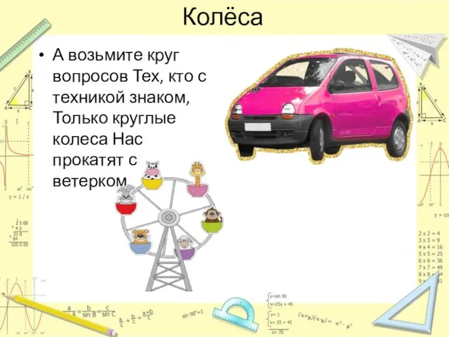 Колёса А возьмите круг вопросов Тех, кто с техникой знаком,