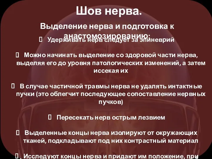 Шов нерва. Выделение нерва и подготовка к анастомозированию: Удерживать нерв