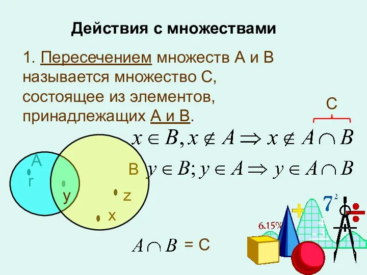 1. Пересечением множеств А и В называется множество С, состоящее