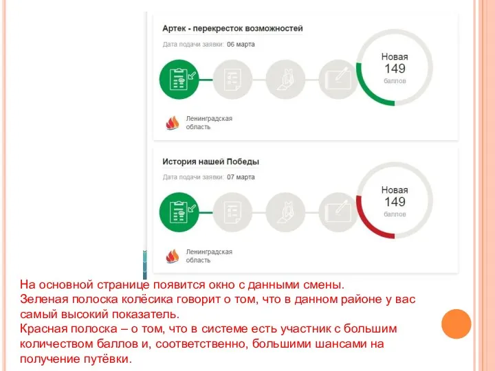 На основной странице появится окно с данными смены. Зеленая полоска