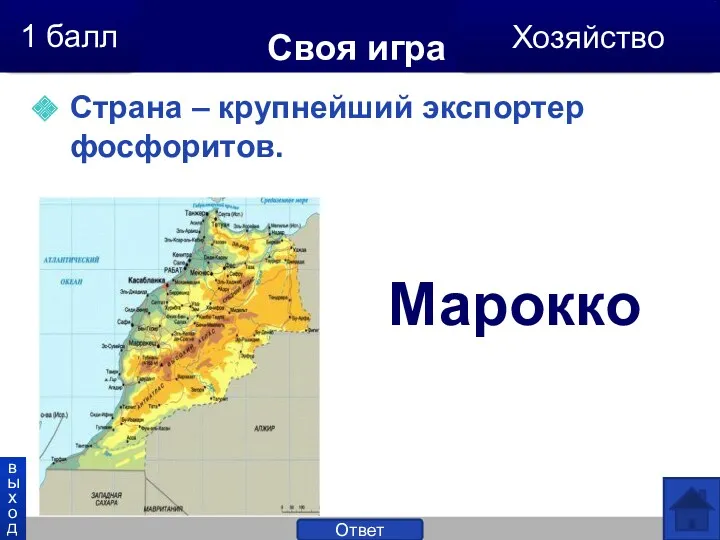 Своя игра Страна – крупнейший экспортер фосфоритов. Марокко выход Ответ 1 балл Хозяйство
