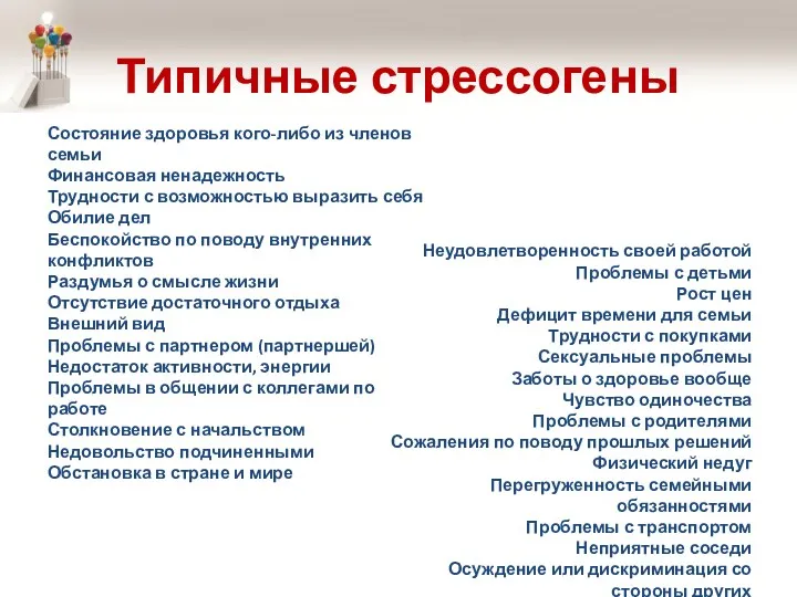 Типичные стрессогены Состояние здоровья кого-либо из членов семьи Финансовая ненадежность