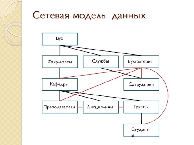 Сетевая модель данных Вуз Факультеты Бухгалтерия Сотрудники Студенты Группы Кафедры Преподаватели Дисциплины Службы