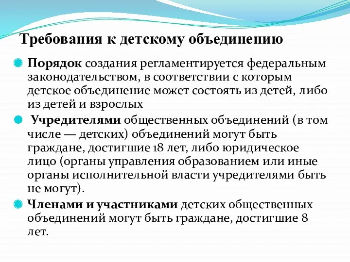 Требования к детскому объединению Порядок создания регламентируется федеральным законодательством, в