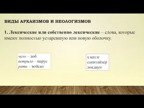 ВИДЫ АРХАИЗМОВ И НЕОЛОГИЗМОВ 1. Лексические или собственно лексические –