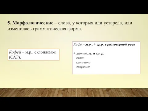 5. Морфологические – слова, у которых или устарела, или изменилась