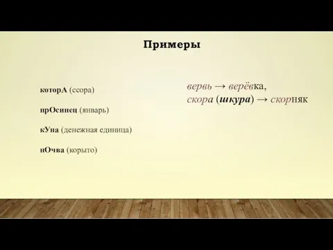 которА (ссора) прОсинец (январь) кУна (денежная единица) нОчва (корыто) Примеры