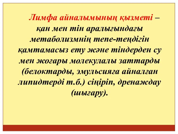 Лимфа айналымының қызметі – қан мен тін аралығындағы метаболизмнің тепе-теңдігін қамтамасыз ету және