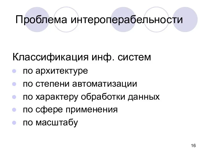 Проблема интероперабельности Классификация инф. систем по архитектуре по степени автоматизации