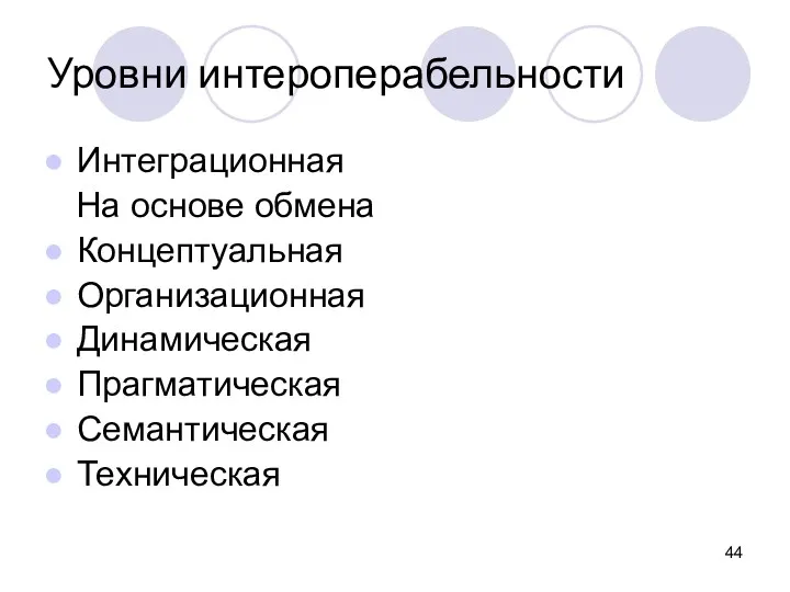 Уровни интероперабельности Интеграционная На основе обмена Концептуальная Организационная Динамическая Прагматическая Семантическая Техническая