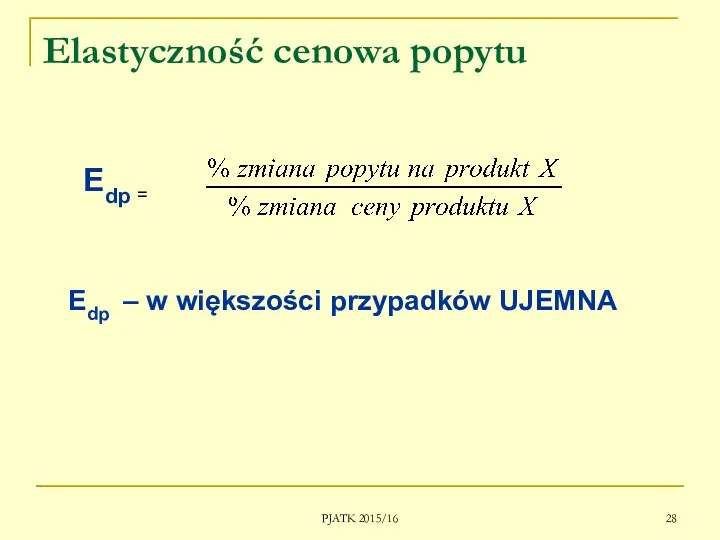 PJATK 2015/16 Elastyczność cenowa popytu Edp – w większości przypadków UJEMNA Edp =