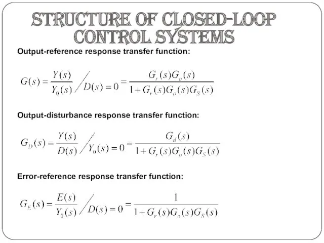 Structure of closed-loop control systems Output-reference response transfer function: Output-disturbance