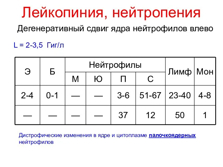 Лейкопиния, нейтропения Дегенеративный сдвиг ядра нейтрофилов влево L = 2-3,5 Гиг/л Дистрофические изменения