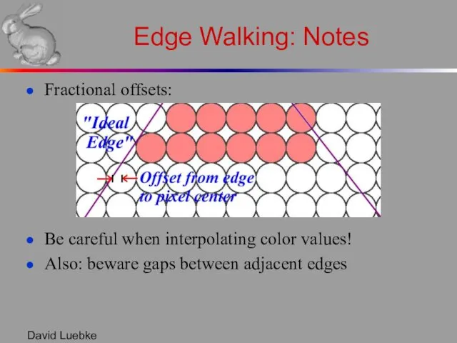 David Luebke Edge Walking: Notes Fractional offsets: Be careful when interpolating color values!