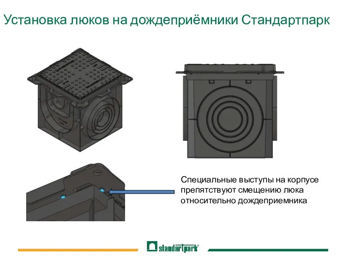 Установка люков на дождеприёмники Стандартпарк Специальные выступы на корпусе препятствуют смещению люка относительно дождеприемника