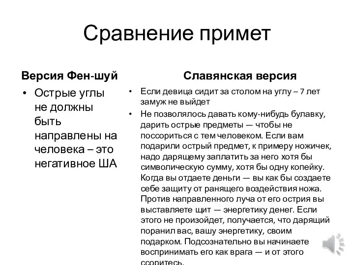 Сравнение примет Версия Фен-шуй Острые углы не должны быть направлены